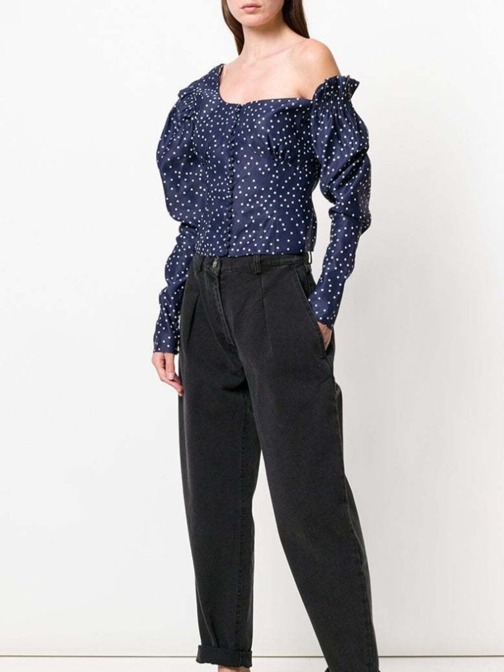 Magda Butrym Navy Blue Dotted One Shoulder Blouse 40
